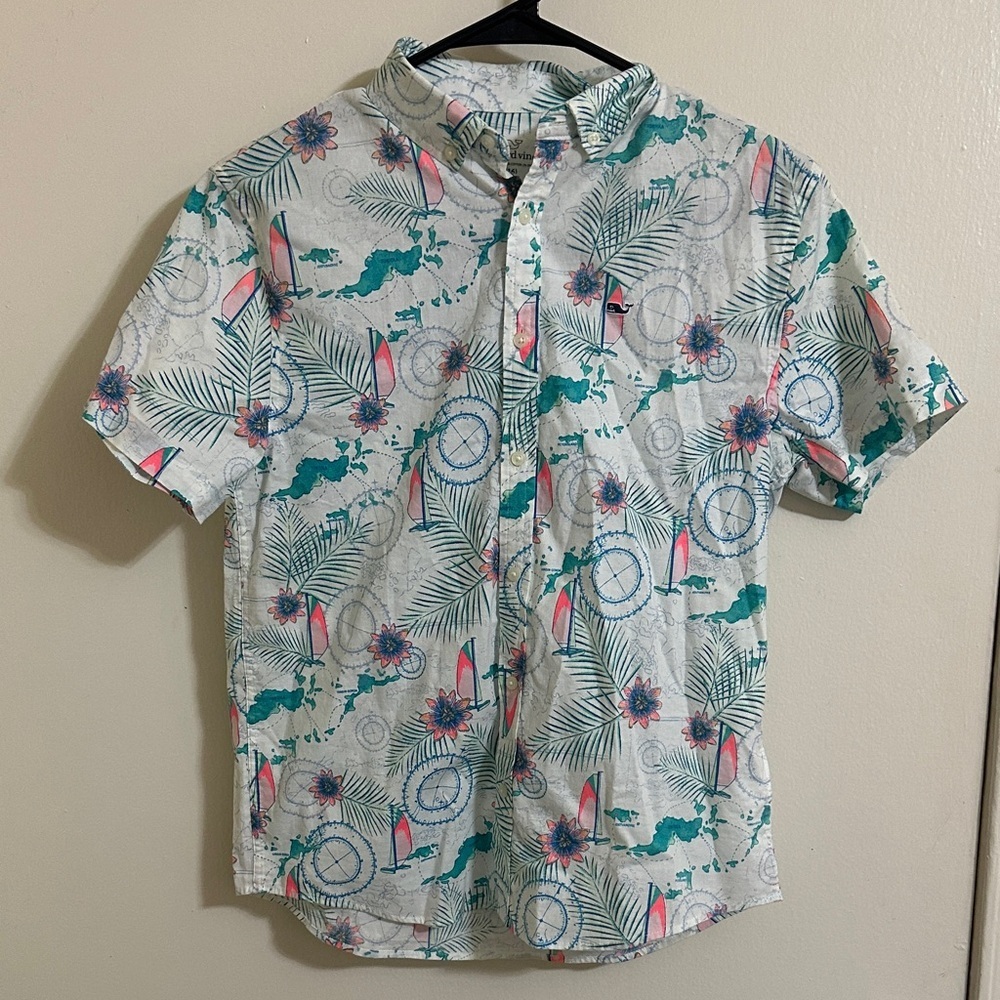 EUC Vineyard Vines Travel Navigator Nautical Short Sleeve Button Down Shirt 16